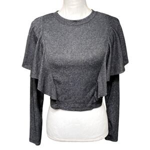 Women's Silver Metallic Ruffle Flounced Top Long Sleeve Sparkle Holiday SZ Large